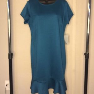 Teal fitted, ruffled skirt dress